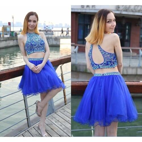 2020 Short Homecoming Dresses Jewel Crystal Beaded Two Pieces Sexy Sleeveless Royal Blue Tulle A-line Prom Party Dress