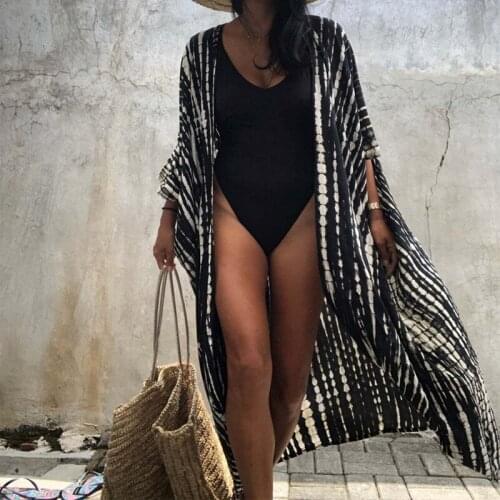 2021 Bikini Cover-ups Black Retro Striped Self Belted Plus Size Women Summer Kimono Dress Beach Wear Swim Suit Cover Up