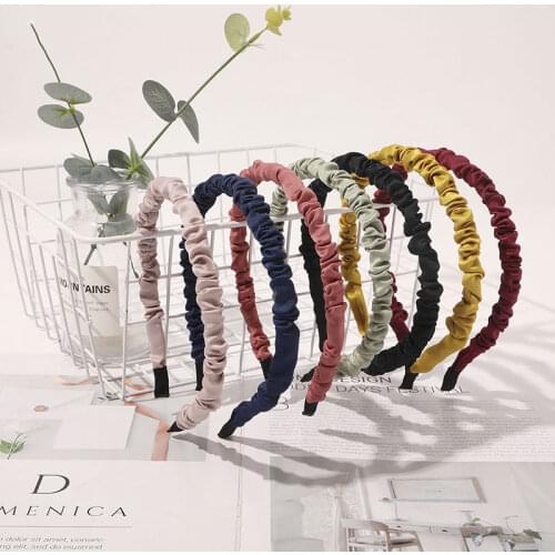 2021 Thin Pleated Headband Satin Hair Band Head Hoop Women Solid Elastic Hairbands Bezel Turban Headwear Girls Hair Accessories