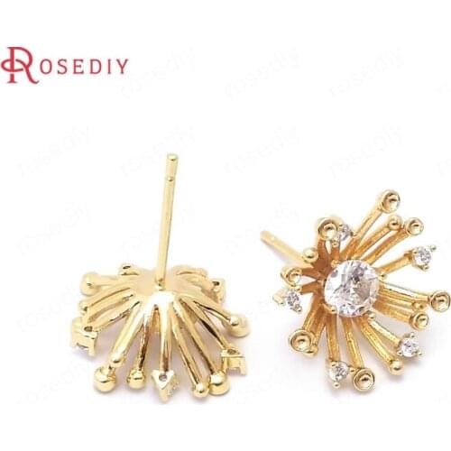 39054)4PCS 14MM 24K Gold Color Brass and Zircon Flower Stud Earrings Pins Earrings Jewelry Making Supplies Diy Accessories