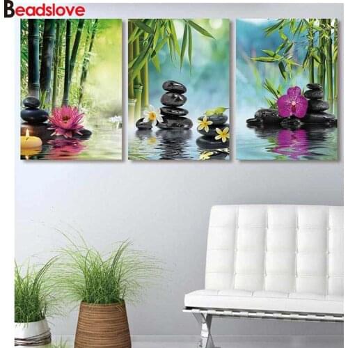 Diy 5d Diamond Painting Bamboo and stone flowers in water Cross Stitch Round square Diamond Embroidery Home art decoration