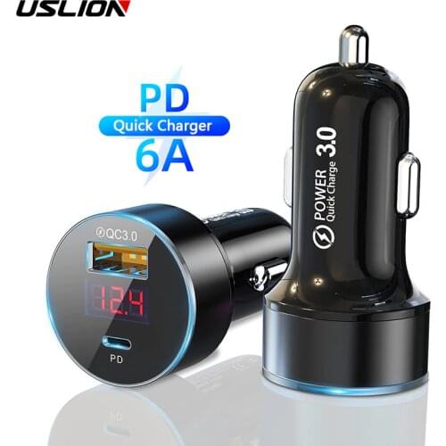USLION 36W Dual Port Quick Charge 6A Fast PD USB C Car Charger For iPhone Xiaomi Huawei QC3.0 Type C Car Mobile Phone Charger