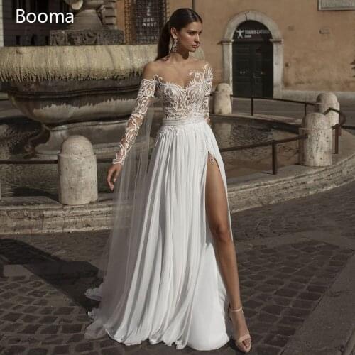 White Boho Beach Wedding Dresses Off Shoulder High Slit Chiffon Bride Dresses Lace Applique Sweetheart Long Sleeves Bridal Gown