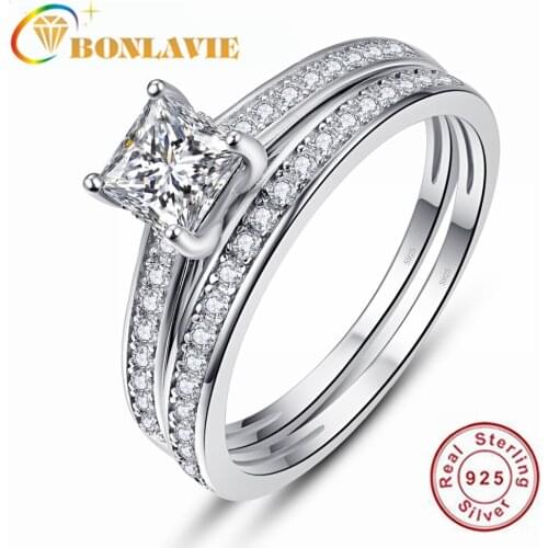 BONLAVIE 6*6mm Square Cut Zircon 925 Silver Engagement Ring Set Fashion Women Jewelry for Wedding and Engagement Gift