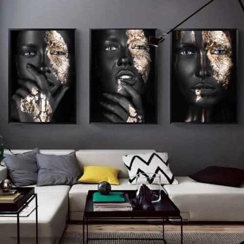 Canvas Painting for Living Room African Art Black and Gold Woman Decoration Home Light Figure Scandinavian Luxury Wall Painting