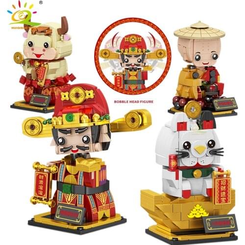HUIQIBAO City Car Funko Figures Building Blocks God of Wealth Fortune Cat Shake Head dolls Creativity Bricks Toys Children Gifts