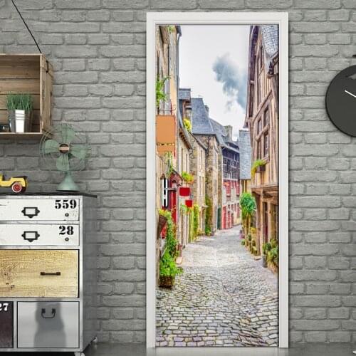 Creative DIY 3D Wallpaper Mural Stickers European Town Street View Living Room Bedroom Door Home Decoration PVC Door Stickers