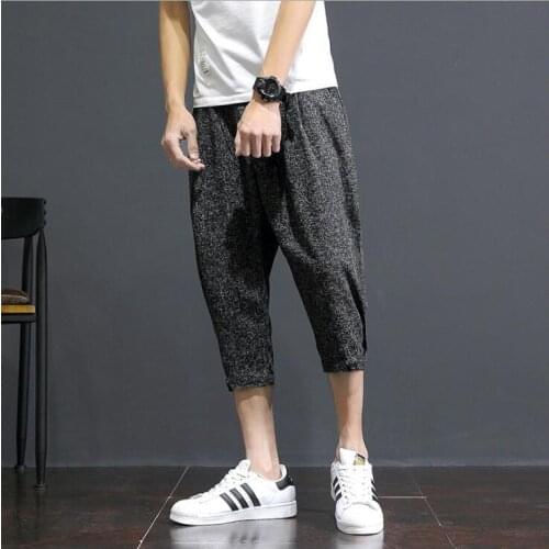 Summer loose thin cropped trousers Men cotton and linen harem pants youth solid color Fashion large size mens bound feet pants