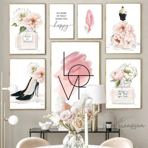 Fashion Wall Art Feather Perfume Canvas Painting Inspirational Quote Poster and Print Love Sign Picture for Girl Room Decor