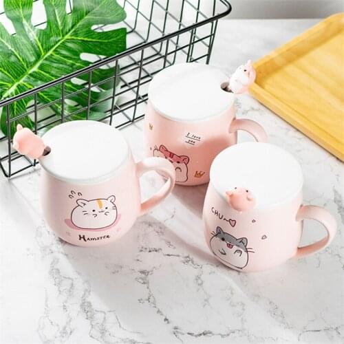 Cartoon Ceramic Coffee Mug Creative Pink Milk Drinkware Cups with Lid Spoon Adults Student Cute Animal Water Mugs Kitchen Supply