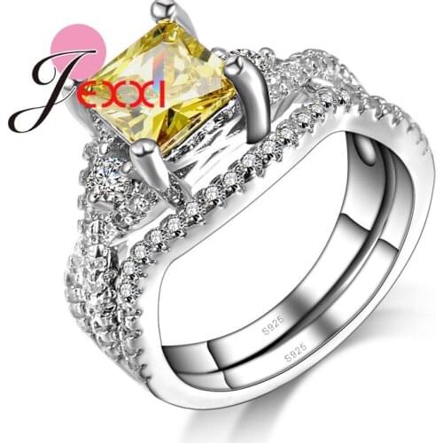 Silver Bridal Ring Set For Woman Fashion Yellow Cubic Zirconia Wedding Bands Finger Ring Set For Female