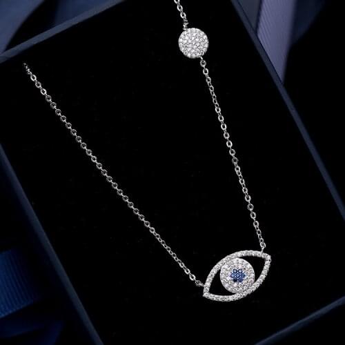 SWOUR New Jewelry White Gold Color Cubic Zircon CZ Eye Design Pendant Round Blue Stone Long Chain Necklace S216