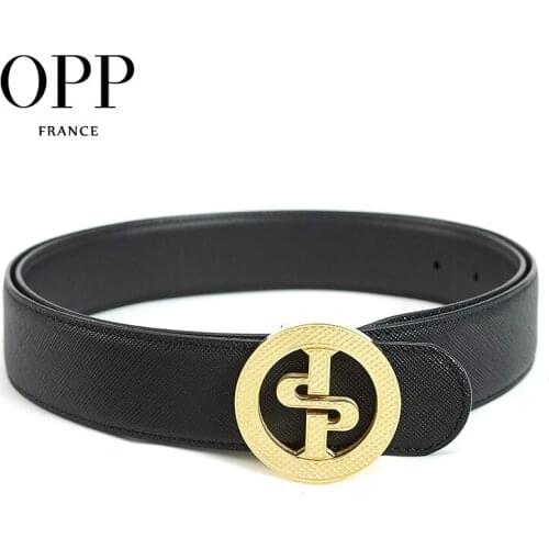 OPP Mens Belt Fashion Business Casual Leather Belt Round Buckle Metal Needle Gold Buckle Mens Black Belt