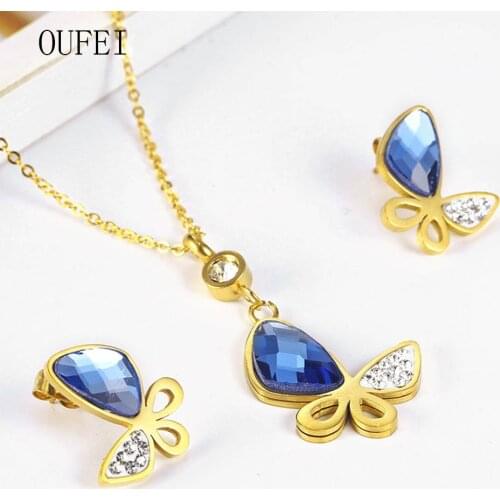 OUFEI butterfly Jewelry Sets For Women Stainless Steel Charm crystal Jewelry Sets fashion chain necklace earrings Sets