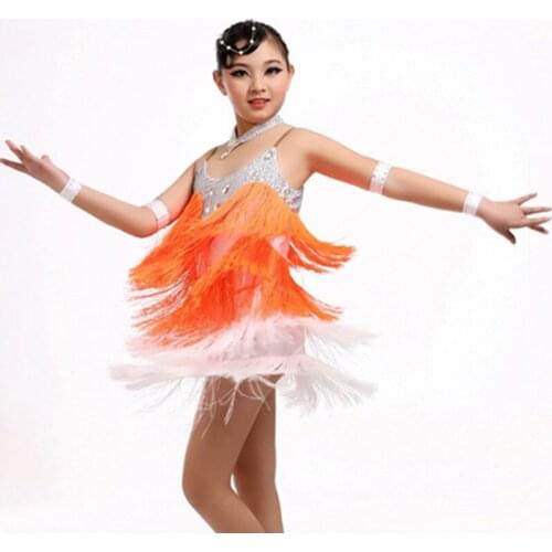 New orange/green tassel girl professional Latin dance dress for childrens Latin/rumba/samba/salsa Dance performance/practice