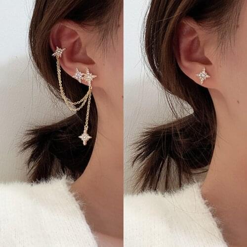 Simple Star Rhinestone Long Chain Earrings For Women Shine Crescent Geometric Tassel Piercing Earring 2021 Trend Party Jewelry