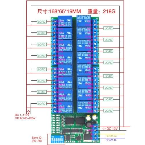 12V 16 Channel RS485 Relay Modbus RTU protocol Serial remote control switch PLC control board