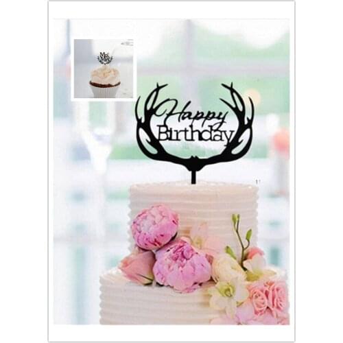 Mixed style 1 pcs Antlers Shape Happy Birthday Cake Topper and 24pcs Antlers Shape Happy Birthday cupcake topper for wedding