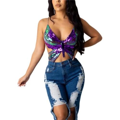Streetwear Summer Cropped Top Women Sleeveless Sequins Butterfly Sexy Top Party Camis Tank Top Women Clothing Holiday