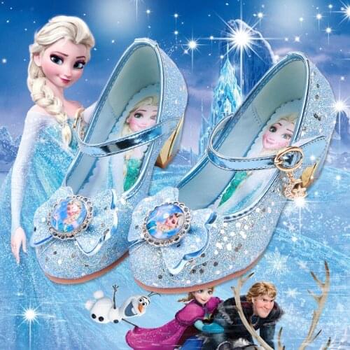 Four seasons new cartoon girl shoes children high heel princess single shoes Aisha Frozen cartoon butterfly leather shoes 27-37