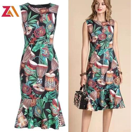 ZALady summer women midi dresses runway fashion sleeveless bodycon vintage printed elegant holiday Mermaid festival clothing
