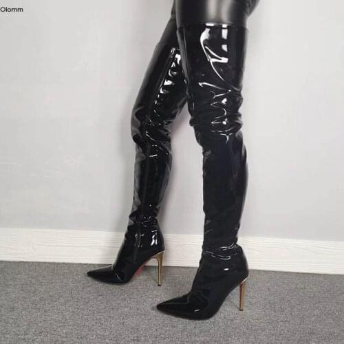 Olomm Handmade Women Shiny Thigh High Boots Stiletto Heel Boots Pointed Toe Super Sexy Black Night Club Shoes Women US Size 5-15