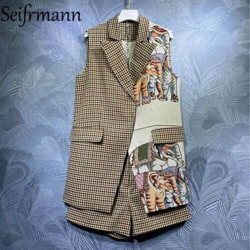 Seifrmann New 2021 Autumn Women Fashion Designer Shorts Set Sleeveless Plaid Long Vest + High Waist Striped Print Shorts Suits