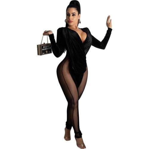 Sexy Black Sheer Mesh Patchwork Velvet Rompers Womens Jumpsuit Wrap V Neck Long Sleeve Pants Bodycon Club Party Jumpsuit Women