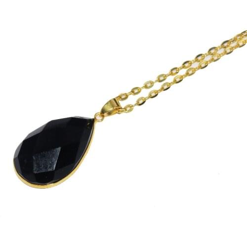 1pc Fashion Women Jewelry Gem Stone pendant chain Necklace Faceted natural black obsidian water drop Pendant Necklace for men