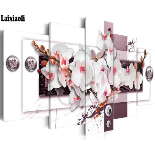 5pcs DIY Diamond Painting white orchid flowers Cross Stitch Kits Full Diamond Embroidery 5D Diamond Mosaic Fashion Wall painting