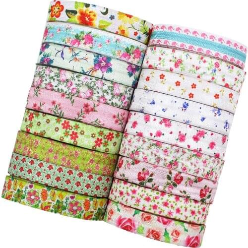 5yds,5/8" flowers Fold Over Elastic Stretch Foldover FOE Elastics for Hair Ties Headbands DIY handmade Accessories,E-20421-659