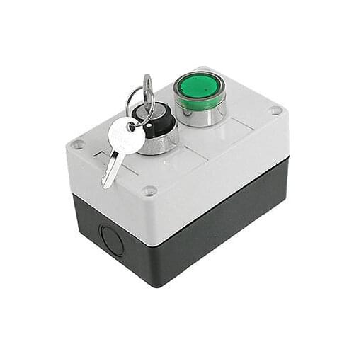 AC 220V Green Signal Light on/off/on Keylock Switch Push Button Control Box NO