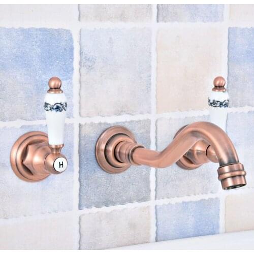 Antique Red Copper Brass Widespread Wall-Mounted Tub 3 Holes Dual Ceramic Handles Bathroom Tub Sink Faucet Mixer Tap asf524