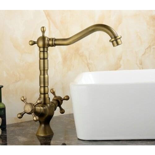 Free Shipping Antique Brass Single Hole Double Wheel Handle Bathroom Faucet Long Mouth Swivel Basin Sink Mixer Tap A-062