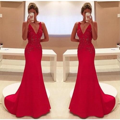 Sparkly Unique Red Two Straps V-Neckline Sleeveless With Appliques Long Prom Dress 2017