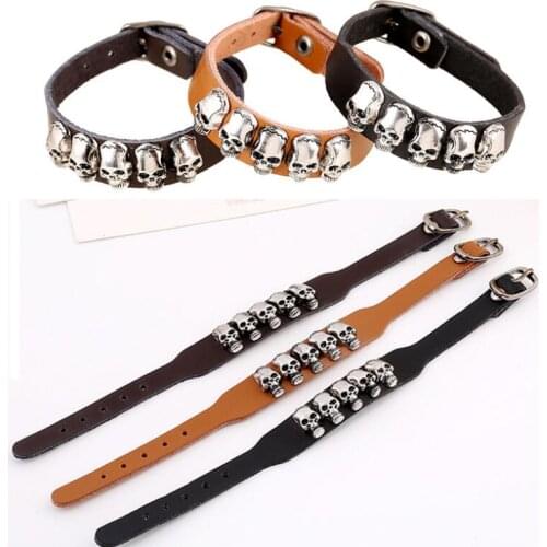 Punk Gothic Rock Retro Skull Wristbands Vintage Charms Black Brown Leather Bangle Fashion Women Men Jewelry Hippie Belt Bracelet