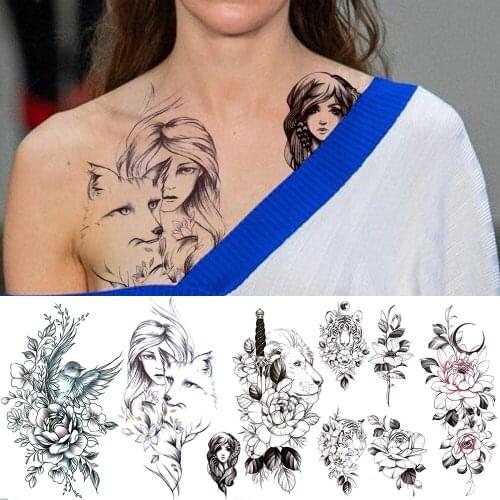 DIY Fox Temporary Tattoos For Women Female Adult Realistic Girl Lion Bird Leaf Dahlia Fake Tattoo Sticker Body Art Tatoo Wolf