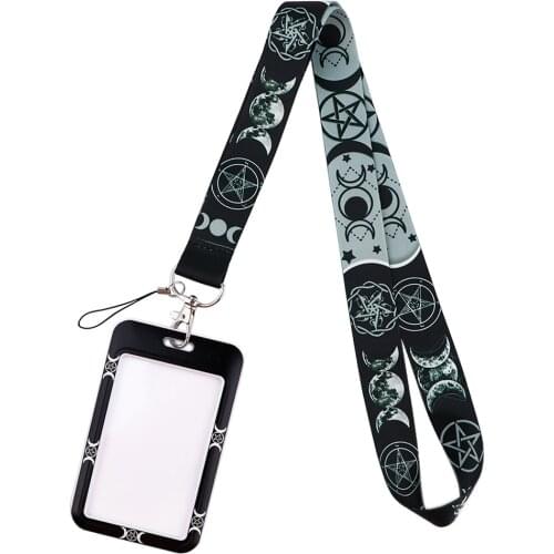 DZ1717 Triple Moon Goddess Wicca Pentagram Magic Amulet Keychain Ribbon Lanyards for Keys ID Card Straps Hanging Badge Holder