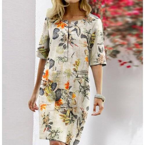 Elegant Half-sleeve Dress Womens Cotton And Linen Floral Printed Short Sleeve V-neck Loose Dress Summer Casual Mini Dress