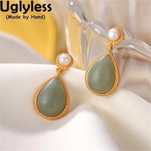Uglyless Elegant Water Drop Gemstones Earrings for Women Natural Morandi Blue Jade Earrings 925 Sterling Silver Pearls Brincos