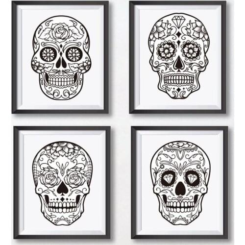 Sugar Skull Mexican Decor Canvas Art Print , Hand Drawn Sugar Skull Poster Canvas Painting Wall Decor