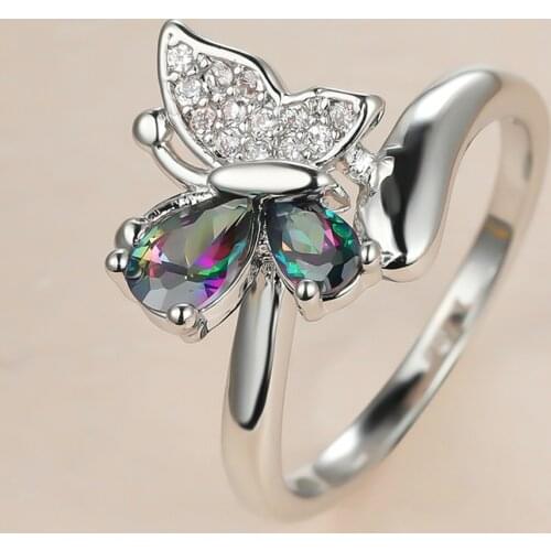 Luxury Female Rainbow Crystal Stone Ring Simple Silver Color Wedding Rings For Women Vintage Bride Butterfly Engagement Ring