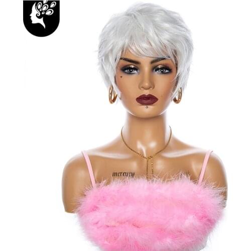 Your Beauty Short Human Blend Hair Wigs Pixie Cut Straight Hair for White Women Machine Made White Color Wig For Old People