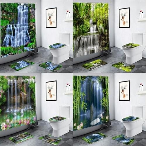 Landscape Waterfall Shower Curtain Green Bamboo Flowers Plant Forest Scenery Bathroom Decor Non-slip Carpet Toilet Bath Mat Set