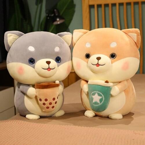 Cute Plush Gray/Brown Shiba Inu Holding Milk Tea Toy Soft Stuffed Cartoon Animal Dog Doll Kawaii Bedroom Decor Girls Gift