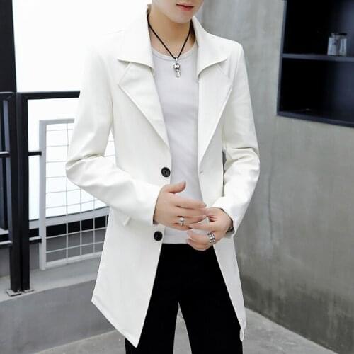 Mens Solid Lapel Single Breasted Trench Coat Casual Outwear Faux Leather L9