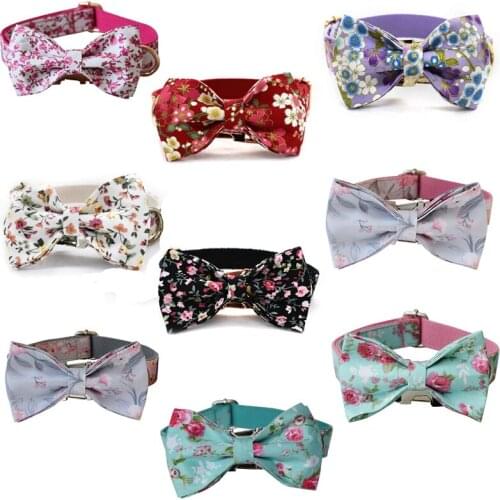 Flower BowTie Dog Collar Personalized Luxury Designer Engraved Pet Name Retailing Pet Supplies Puppy Accessories