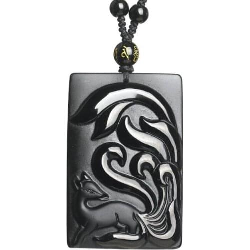 Natural obsidian fox pendant crystal jewelry gift necklace for men and women Fine jewelry
