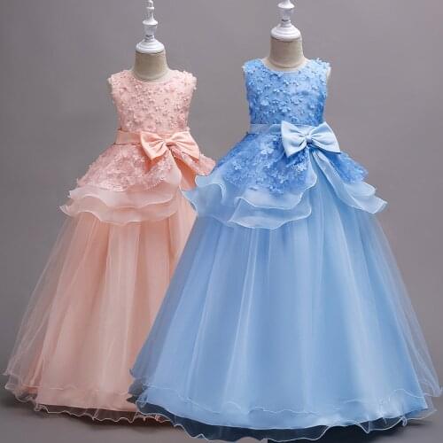 Girls Princess Wedding Full Dresses Appliques Floor-length Party Frocks vestidos infantil costumes For 6 8 10 12 14 16 Years
