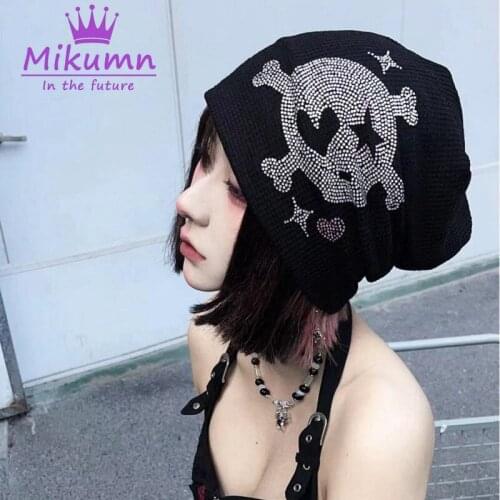 Harajuku Gothic Punk Rhinestone Skull Black Beanie Knitted Hats Women Girls Streetwear Fashion Rock Casual Caps